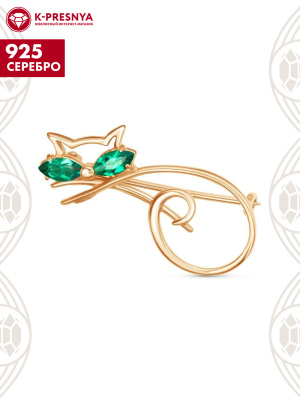 Брошь серебро 925 пробы, покрытие - золочение, вставка - искусственная шпинель