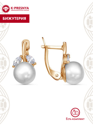 Серьги бижутерия, покрытие - золочение, вставка - культивированный жемчуг, фианит (недрагоценный камень)
