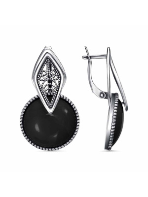 Серьги бижутерия, покрытие - серебрение с оксидированием, вставка - искусственный агат