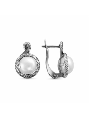 Серьги серебро 925 пробы, покрытие - оксидирование, вставка - культивированный жемчуг