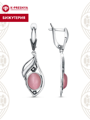 Серьги бижутерия, покрытие - серебрение с оксидированием, вставка - искусственный кошачий глаз