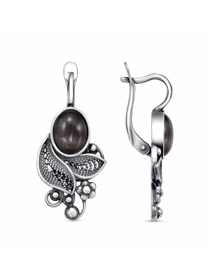 Серьги серебро 925 пробы, покрытие - оксидирование, вставка - искусственный кошачий глаз