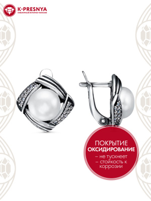 Серьги серебро 925 пробы, покрытие - оксидирование, вставка - культивированный жемчуг, фианит (недрагоценный камень)