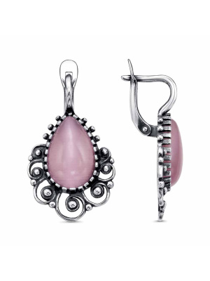 Серьги бижутерия, покрытие - серебрение с оксидированием, вставка - искусственный кошачий глаз