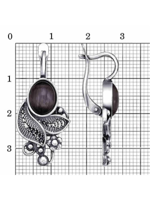 Серьги бижутерия, покрытие - серебрение с оксидированием, вставка - искусственный кошачий глаз