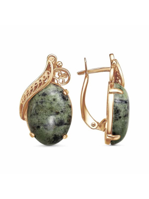 Серьги бижутерия, покрытие - золочение, вставка - змеевик