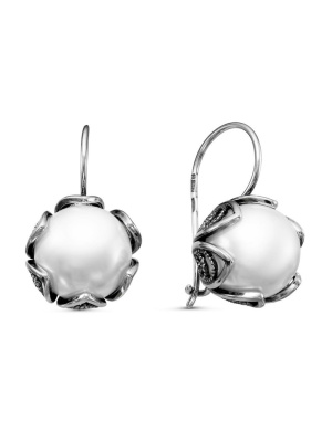 Серьги серебро 925 пробы, покрытие - оксидирование, вставка - имитация жемчуга