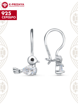 Серьги серебро 925 пробы, покрытие - родирование, отделка - эмаль, вставка - фианит (недрагоценный камень)