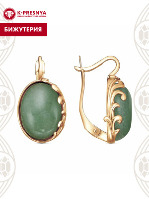 Серьги бижутерия, покрытие - золочение, вставка - искусственный нефрит