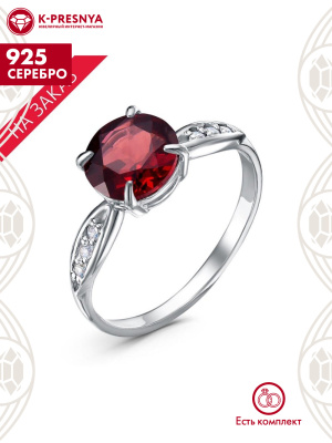 Кольцо серебро 925 пробы, покрытие - родирование, вставка - гранат (полудрагоценный камень), фианит (недрагоценный камень)