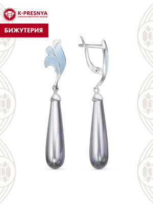 Серьги бижутерия, покрытие - серебрение, отделка - эмаль, вставка - имитация жемчуга