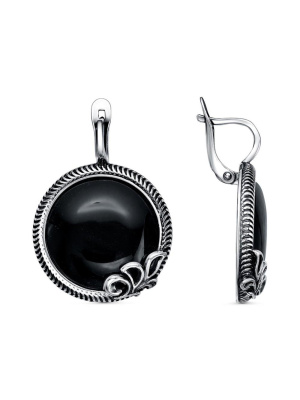 Серьги бижутерия, покрытие - серебрение с оксидированием, вставка - искусственный агат черный