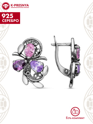 Серьги серебро 925 пробы, покрытие - оксидирование, вставка - фианит (недрагоценный камень)