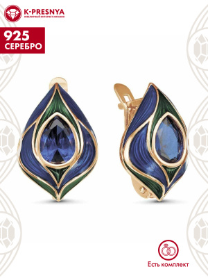 Серьги серебро 925 пробы, покрытие - золочение, отделка - эмаль, вставка - искусственная шпинель