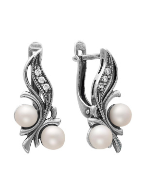 Серьги бижутерия, покрытие - серебрение с оксидированием, вставка - культивированный жемчуг, стекло ювелирное preciosa