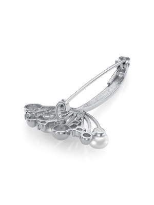 Брошь бижутерия, покрытие - платинирование, вставка - культивированный жемчуг, фианит (недрагоценный камень)