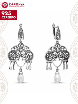 Серьги серебро 925 пробы, покрытие - оксидирование, вставка - имитация жемчуга