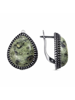 Серьги бижутерия, покрытие - серебрение с оксидированием, вставка - змеевик