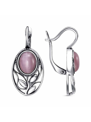 Серьги бижутерия, покрытие - серебрение с оксидированием, вставка - искусственный кошачий глаз