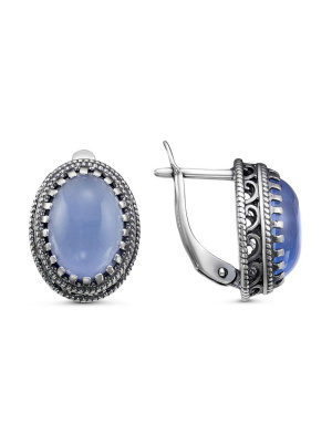 Серьги серебро 925 пробы, покрытие - оксидирование, вставка - искусственный сапфир