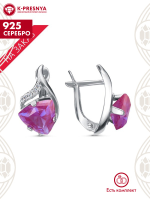 Серьги серебро 925 пробы, покрытие - родирование, вставка - ситалл собственной огранки, фианит (недрагоценный камень)