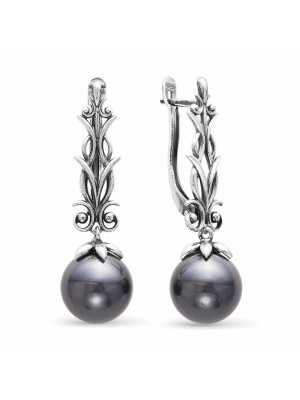 Серьги бижутерия, покрытие - серебрение с оксидированием, вставка - имитация жемчуга