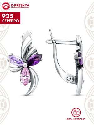 Серьги серебро 925 пробы, покрытие - оксидирование, вставка - фианит (недрагоценный камень)