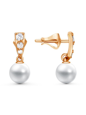 Серьги серебро 925 пробы, покрытие - золочение, вставка - имитация жемчуга, фианит (недрагоценный камень)