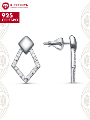 Серьги серебро 925 пробы, покрытие - платинирование, вставка - фианит (недрагоценный камень)