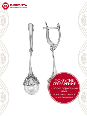 Серьги бижутерия, покрытие - серебрение с оксидированием, вставка - имитация жемчуга