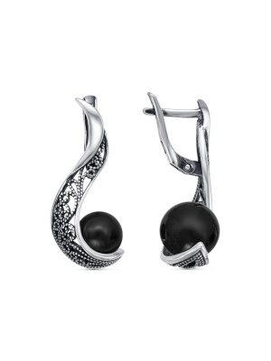 Серьги бижутерия, покрытие - серебрение с оксидированием, вставка - имитация жемчуга