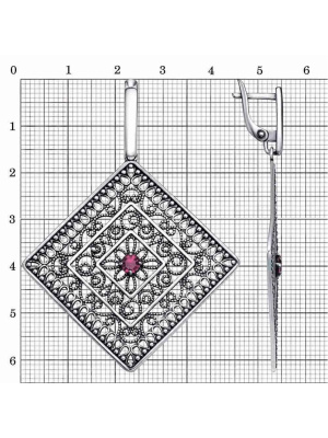 Серьги бижутерия, покрытие - серебрение с оксидированием, вставка - синтетический корунд