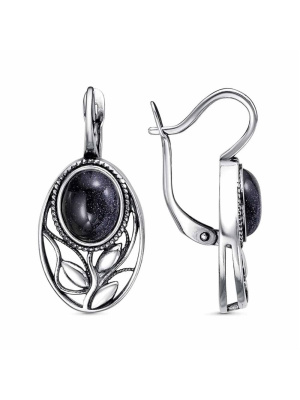 Серьги бижутерия, покрытие - серебрение с оксидированием, вставка - искусственный авантюрин