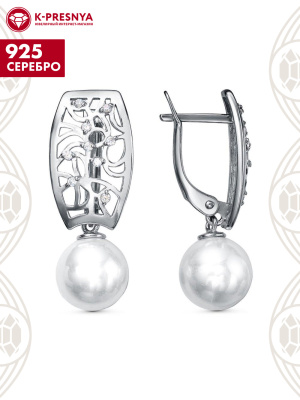 Серьги серебро 925 пробы, покрытие - оксидирование, вставка - имитация жемчуга, фианит (недрагоценный камень)