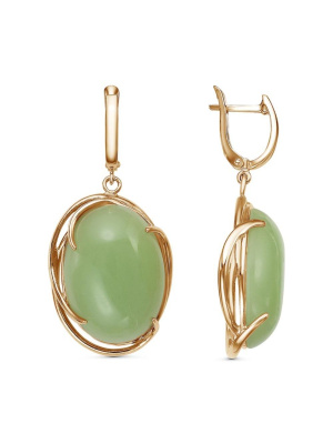 Серьги бижутерия, покрытие - золочение, вставка - искусственный нефрит