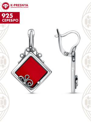 Серьги серебро 925 пробы, покрытие - оксидирование, вставка - искусственный коралл