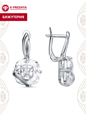 Серьги бижутерия, покрытие - платинирование, вставка - фианит (недрагоценный камень)