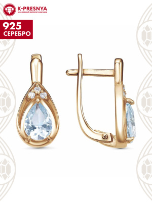 Серьги серебро 925 пробы, покрытие - золочение, вставка - голубой топаз (полудрагоценный камень), фианит (недрагоценный камень)