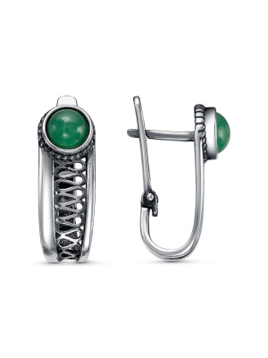 Серьги серебро 925 пробы, покрытие - оксидирование, вставка - искусственный агат зелёный