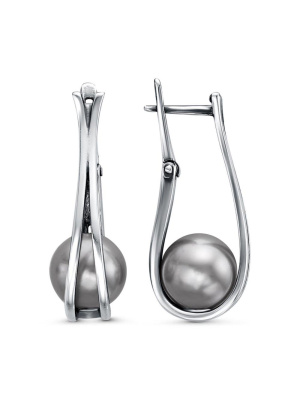 Серьги бижутерия, покрытие - серебрение с оксидированием, вставка - имитация жемчуга