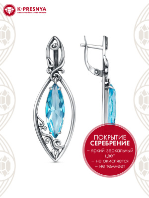 Серьги бижутерия, покрытие - серебрение с оксидированием, вставка - стекло ювелирное собственной огранки