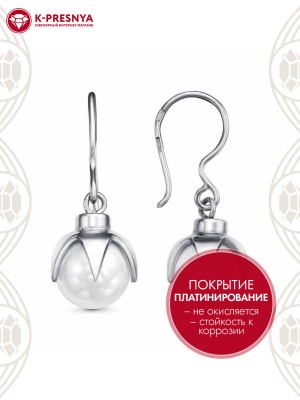 Серьги серебро 925 пробы, покрытие - платинирование, вставка - имитация жемчуга