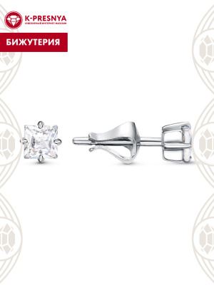Серьги бижутерия, покрытие - платинирование, вставка - фианит (недрагоценный камень)
