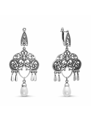 Серьги серебро 925 пробы, покрытие - оксидирование, вставка - имитация жемчуга