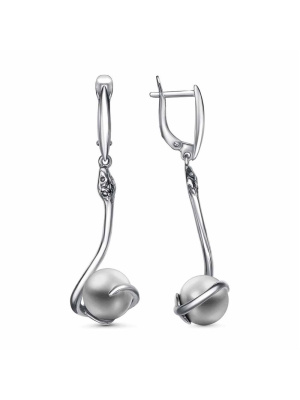 Серьги бижутерия, покрытие - серебрение с оксидированием, вставка - имитация жемчуга