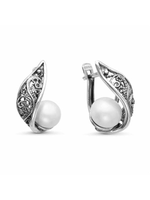 Серьги серебро 925 пробы, покрытие - оксидирование, вставка - культивированный жемчуг