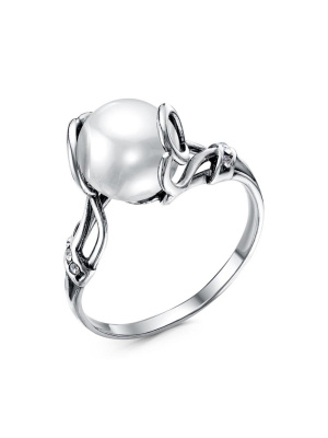 Кольцо бижутерия, покрытие - серебрение с оксидированием, вставка - имитация жемчуга, стекло ювелирное preciosa