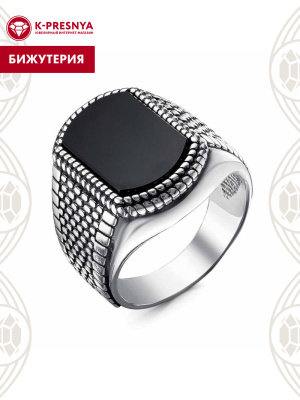 Кольцо бижутерия, покрытие - серебрение с оксидированием, вставка - искусственный агат черный