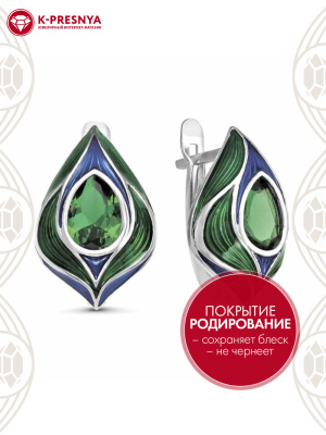 Серьги серебро 925 пробы, покрытие - родирование, отделка - эмаль, вставка - искусственная шпинель