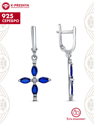 Серьги серебро 925 пробы, покрытие - платинирование, вставка - искусственная шпинель, фианит (недрагоценный камень)